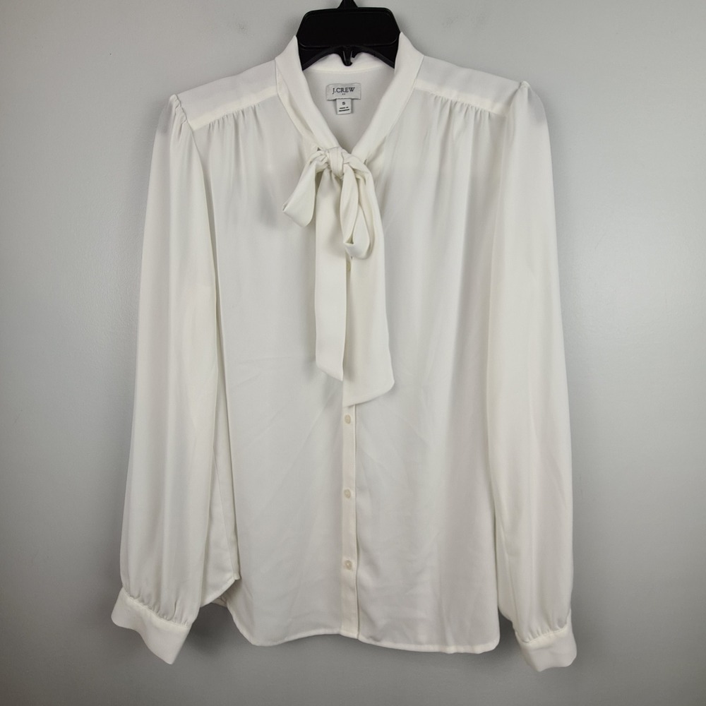 J.Crew Ivory White Tie Neck Button Down Blouse Long Sleeve Top Womens Small